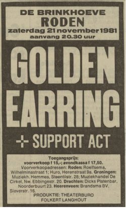 Golden Earring show announcement Roden - De Brinkhoeve November 21, 1981
